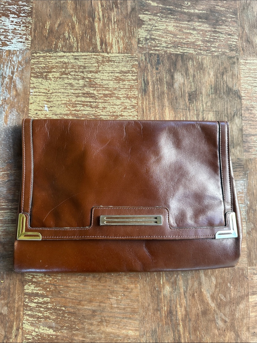Vintage Philippe 1970s Brown Leather Foldover Envelope Clutch with Gold Accents